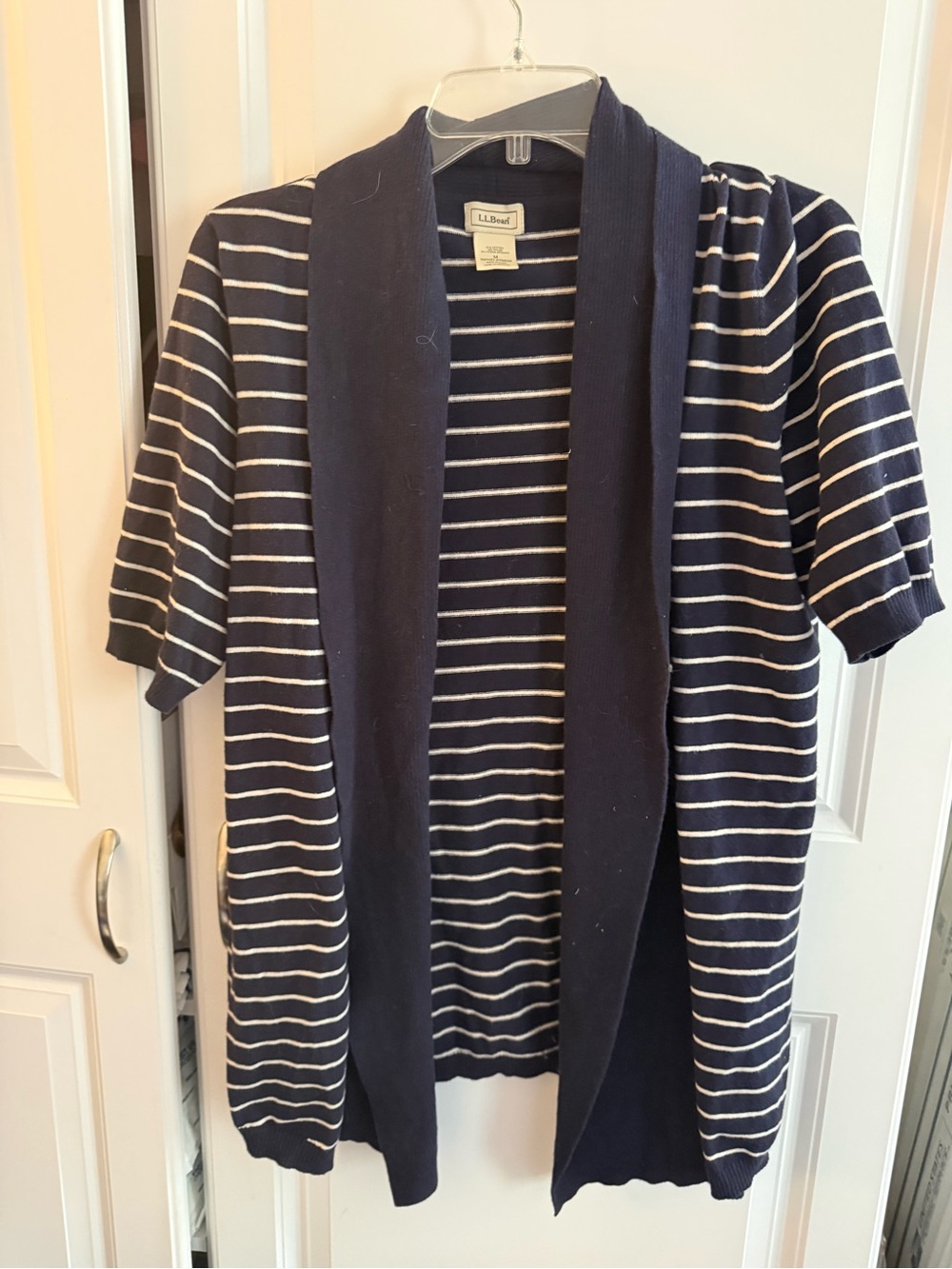 LLBean Navy Blue Striped Short Sleeve Cardigan Sweater